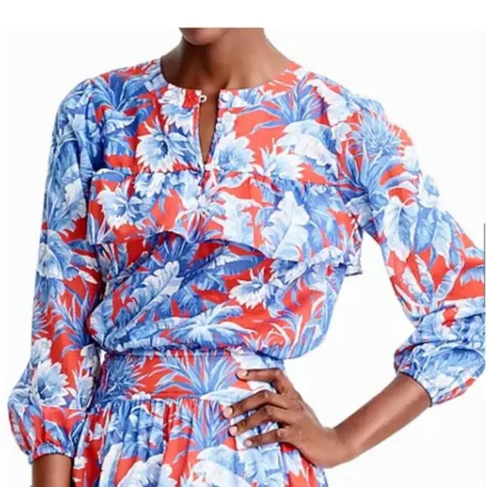 J. Crew Ratti Rio Popover Blouse blue and red floral size Med
